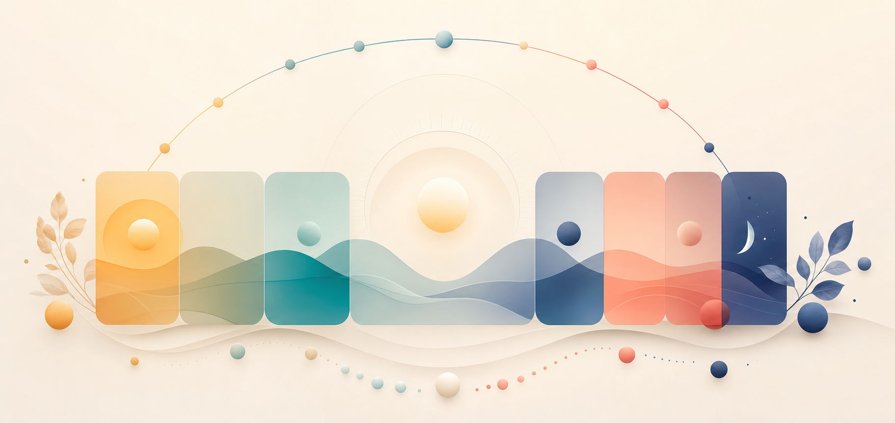 Energy-based scheduling visualised as a curved arc of five coloured segments from warm morning to cool evening