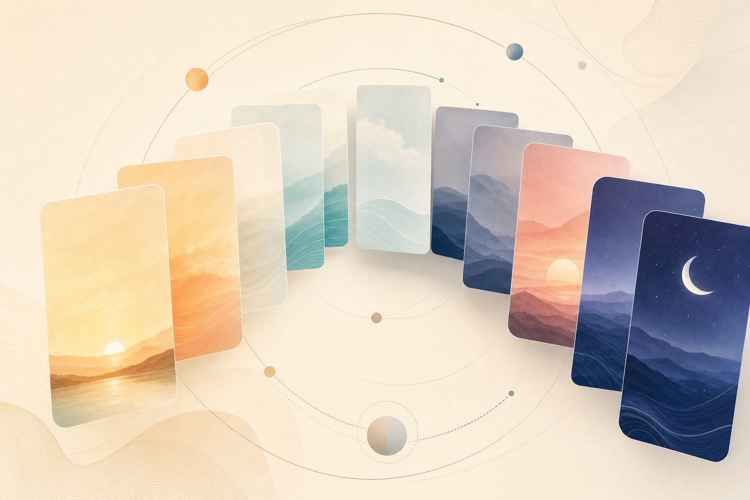 Best free circadian rhythm tools — five energy zone cards fanned out showing the full daily energy arc