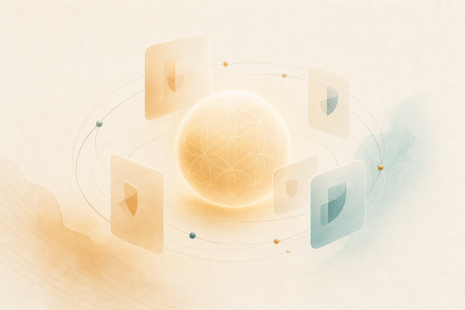 Privacy-first energy tracking architecture — orbital panels surrounding a central sphere, no external connections